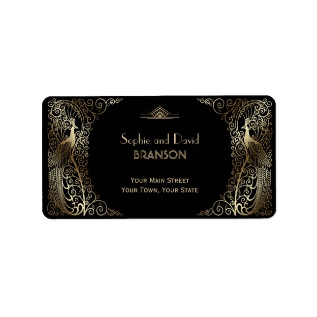Glam Guld Art Deco Peacocks Bröllop Adressetikett (Framsidan)
