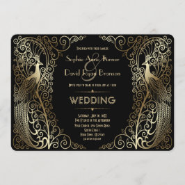 Glam Guld Art Deco Peacocks bröllopsinbjudan Inbjudningar