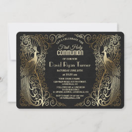 Glam Guld Art Deco Peacocks First Heliga Communion Inbjudningar