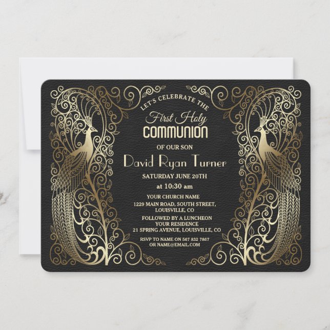 Glam Guld Art Deco Peacocks First Heliga Communion Inbjudningar (Framsida)