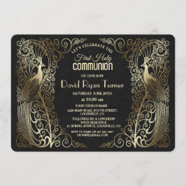 Glam Guld Art Deco Peacocks First Heliga Communion Inbjudningar