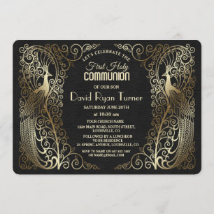 Glam Guld Art Deco Peacocks First Heliga Communion Inbjudningar