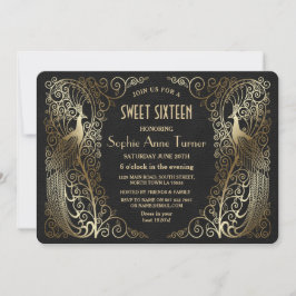 Glam Guld Art Deco Peacocks Sweet sixteen Party Inbjudningar