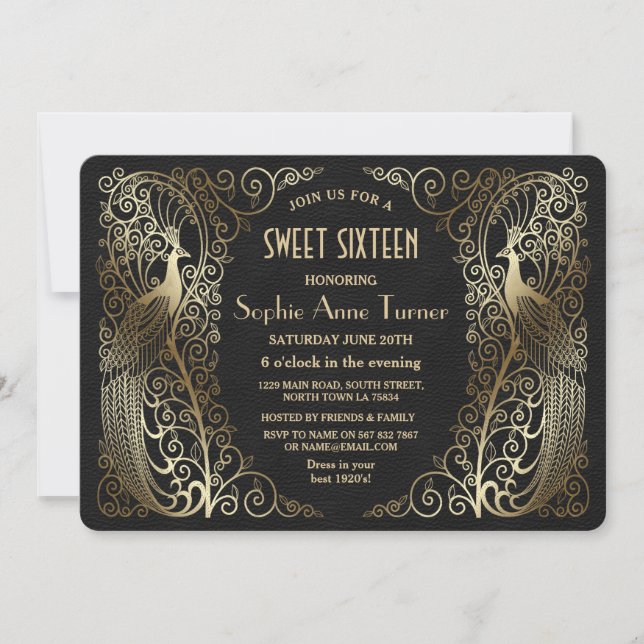 Glam Guld Art Deco Peacocks Sweet sixteen Party Inbjudningar (Framsida)