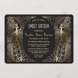 Glam Guld Art Deco Peacocks Sweet sixteen Party Inbjudningar