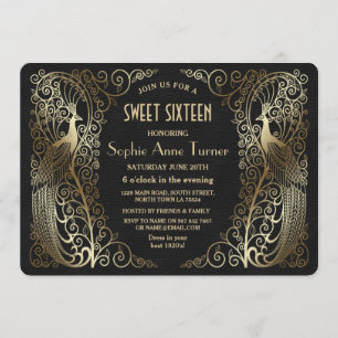 Glam Guld Art Deco Peacocks Sweet sixteen Party Inbjudningar