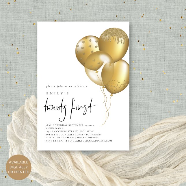 Glam Guld Balloons 21:a födelsedagen Party Inbjudningar (Available digitally or printed)