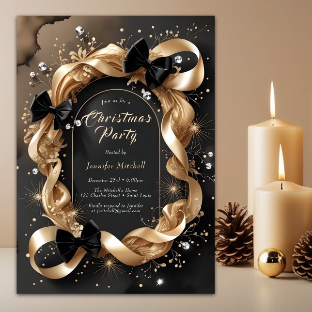 Glam Guld Band Svart Båge Julfest Inbjudningar (Glam Gold Ribbon Black Christmas Party Invitation)