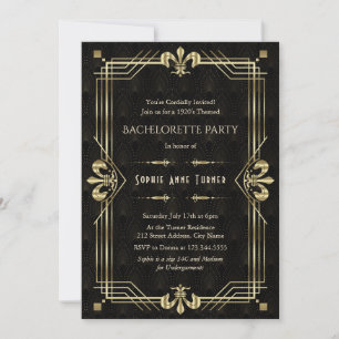 Glam Guld Black Art Deco Bachelorette Party Inbjudningar