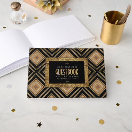 Glam Guld Black Geometric Art Deco Bröllop Gästböcker