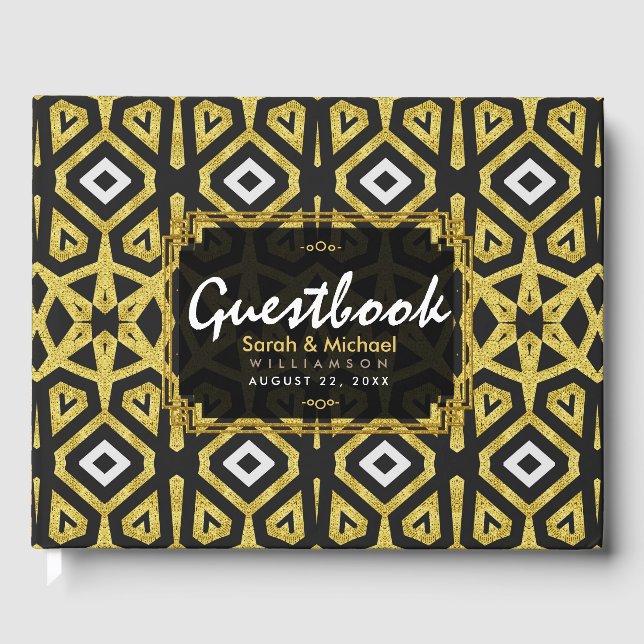 Glam Guld Black Geometry Mönster Bröllop Gästböcker (Framsida)