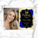 Glam Guld Black Royal Blue 50:e foto Birthday Inbjudningar<br><div class="desc">Femininininbjudan till elegantens blommigt på 50 år med ditt foto. Glam-design med faux guld. Innehåller royalet blue ro,  skriptteckensnitt och confietti. Perfekt för en snyggt vuxen under firande party. Anpassa med dina egna detaljer. Kan anpassas för vilken ålder som helst! Skrivna Zazzle-inbjudningar eller digital utskrivbar mall för omedelbar nedladdning.</div>
