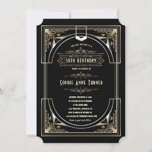 Glam Guld Black Underbar Gatsby Art Deco 50 Birthd Inbjudningar