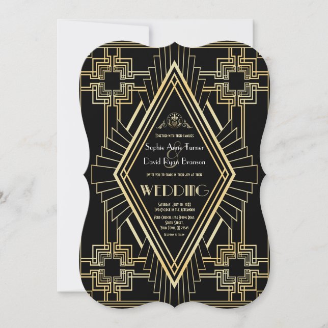 Glam Guld Black Underbar Gatsby Bröllop Inbjudningar (Framsida)