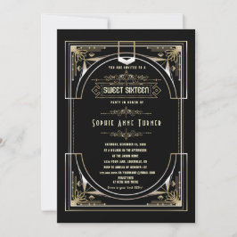 Glam Guld Black Underbar Gatsby Sweet sixteen Inbjudningar