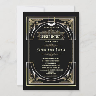 Glam Guld Black Underbar Gatsby Sweet sixteen Inbjudningar