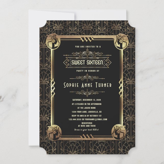Glam Guld Black Underbar Gatsby Sweet sixteen Inbjudningar (Framsida)