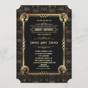 Glam Guld Black Underbar Gatsby Sweet sixteen Inbjudningar