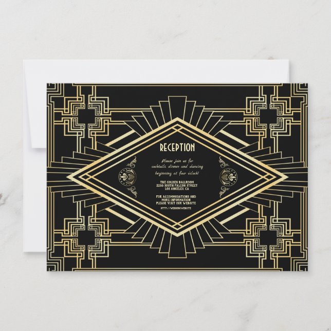 Glam Guld Black Underbar Gatsby Wedding Reception Inbjudningar (Framsida)