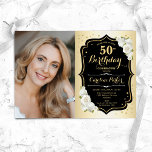 Glam Guld Black White 50:e fotodagen Inbjudningar<br><div class="desc">Femininininbjudan till elegantens blommigt på 50 år med ditt foto. Glam-design med faux guld. Funktioner vit ros, typsnitt för skript och konfiguration. Perfekt för en snyggt vuxen under firande party. Anpassa med dina egna detaljer. Kan anpassas för vilken ålder som helst! Skrivna Zazzle-inbjudningar eller digital utskrivbar mall för omedelbar nedladdning....</div>