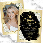 Glam Guld Black White Photo 50:e födelsedagen Inbjudningar<br><div class="desc">Femininininbjudan till elegantens blommigt på 50 års födelsedag med ditt foto på baksidan av kortet. Glam-design med faux guld. Funktioner vit ros, typsnitt för skript och konfiguration. Perfekt för en snyggt vuxen under firande party. Anpassa med dina egna detaljer. Kan anpassas för vilken ålder som helst! Skrivna Zazzle-inbjudningar eller digital...</div>