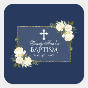 Glam Guld, blåvit Blommigt Baptism Inbjudan Fyrkantigt Klistermärke