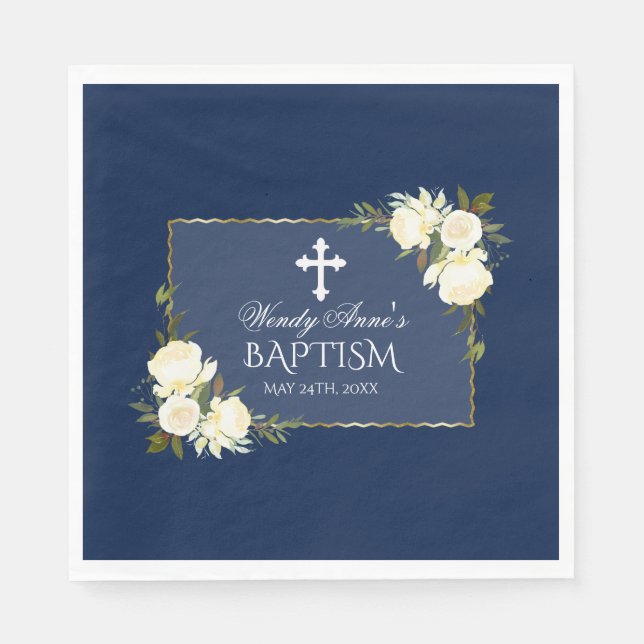 Glam Guld, blåvit Blommigt Baptism Inbjudan Pappersservett (Framsidan)