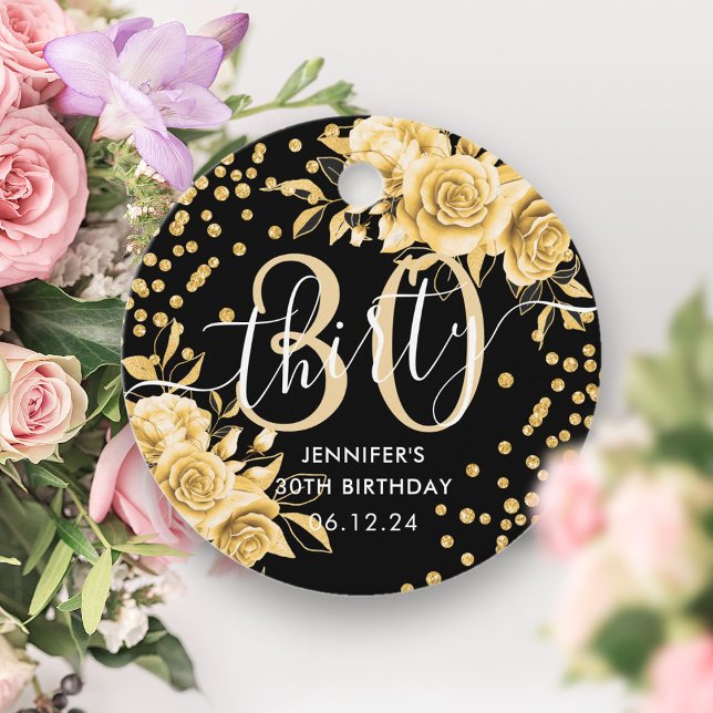 Glam Guld Blommigt Glitter 30års födelsedag Black Gåvor Etiketter (Glam Gold Floral Glitter 30th Birthday Black Favor Tags)