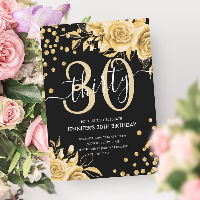 Glam Guld Blommigt Glitter 30års födelsedag Black Inbjudningar (Glam Gold Floral Glitter 30th Birthday Black Invitation)