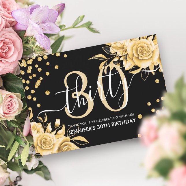 Glam Guld Blommigt Glitter 30års födelsedag Black Tack Kort (Glam Gold Floral Glitter 30th Birthday Black Thank You Card)