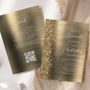Glam Guld Borstat Metall QR-kod Bröllop Inbjudningar