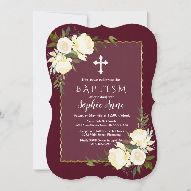 Glam Guld Burgundy White Blommigt Baptism Inbjudan (Framsida)