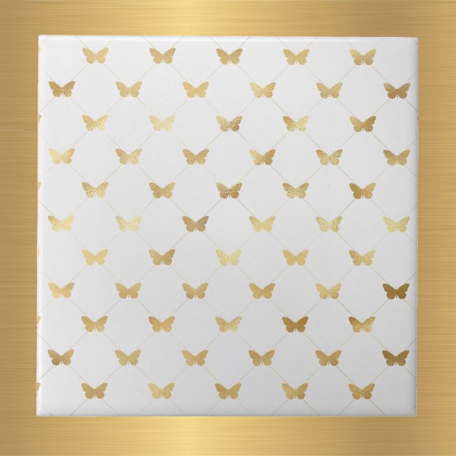 Glam Guld Butterflies White Kakelplatta (Skapare uppladdad)