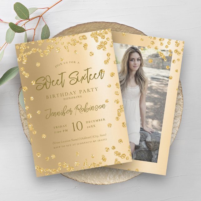 Glam Guld Chic Glitter Photo Sweet 16 Inbjudningar (Glam Gold Chic Glitter Photo Sweet 16 Invitation)