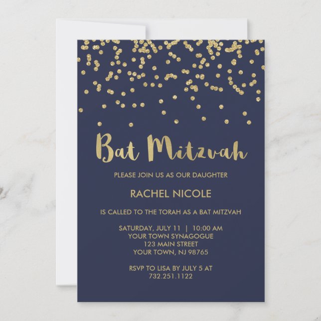 Glam Guld confetti Bat mitzvah på Midnattblått Inbjudningar (Framsida)