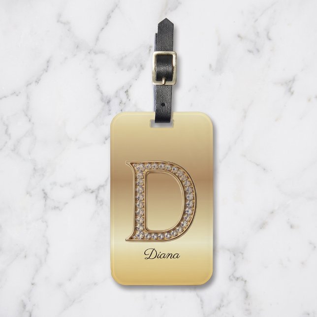 Glam Guld Diamant Monogram Initial Bokstav D Bagagebricka (Skapare uppladdad)