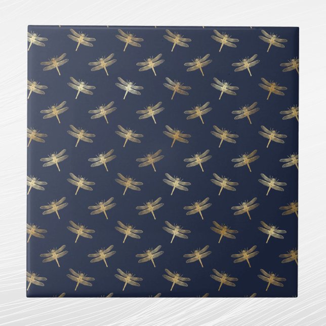 Glam Guld Dragonflies Navy Blue Kakelplatta (Skapare uppladdad)