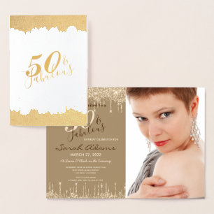 Glam Guld Drips 50 & Fab Födelsedagsfest Real Invi Folierat Kort