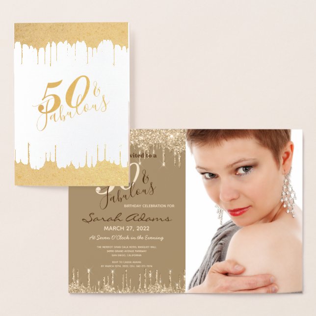 Glam Guld Drips 50 & Fab Födelsedagsfest Real Invi Folierat Kort (Display)