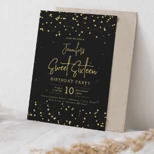 Glam Guld Faux Foil Dots Sweet 16 Black Inbjudningar