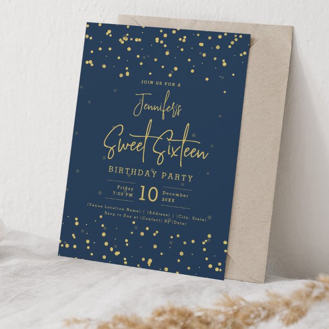 Glam Guld Faux Foil Dots Sweet 16 Navy Blue Inbjudningar (Glam Gold Faux Foil Dots Sweet 16 Navy Blue Invitation)