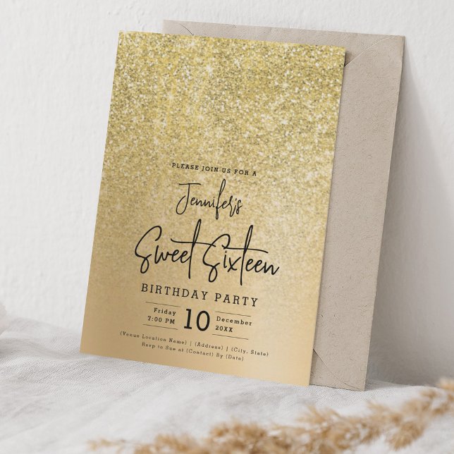 Glam Guld Faux Glitter Gnistra Sweet 16 Party Inbjudningar (Glam Gold Faux Glitter Sparkle Sweet 16 Party Invitation)