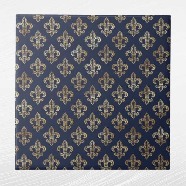 Glam Guld Fleur de Lis Navy Blue Kakelplatta (Skapare uppladdad)