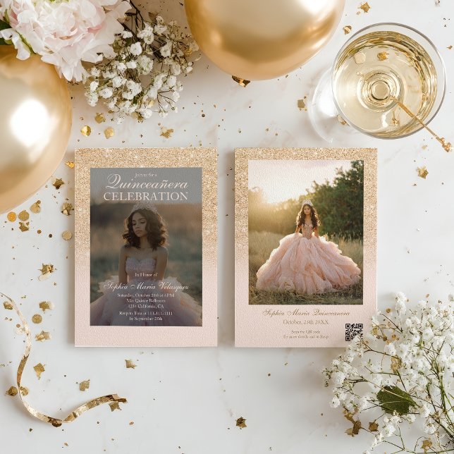 Glam Guld Glitter 2 bilder Qr rodnad Quinceañera Inbjudningar (Glam Gold Glitter 2 photos Qr blush Quinceañera Invitation)