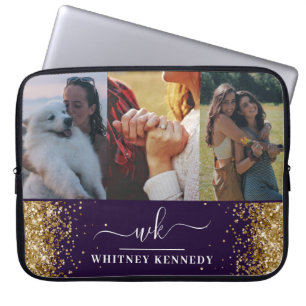 Glam Guld Glitter 3 Photo Collage Monogrammed Laptop Fodral