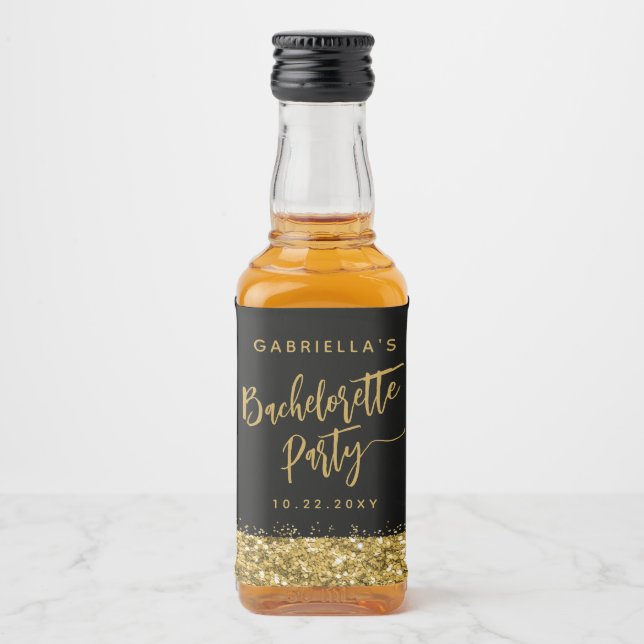 Glam Guld Glitter Bachelorette Party Bride Namn Spritflaskor Etikett (Framsida)