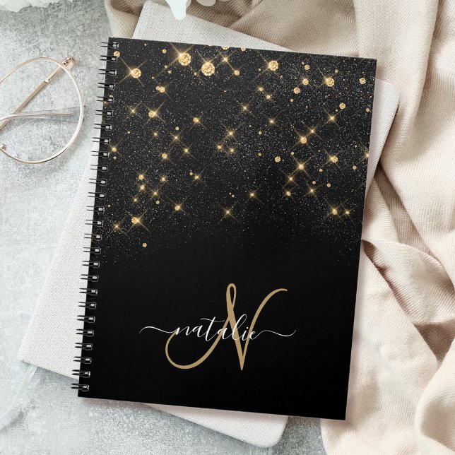 Glam Guld Glitter Diamond Gnistra Elegant Monogram Anteckningsbok (Skapare uppladdad)