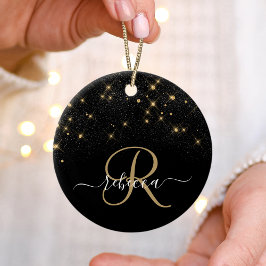 Glam Guld Glitter Diamond Gnistra Elegant Monogram Julgransprydnad Keramik