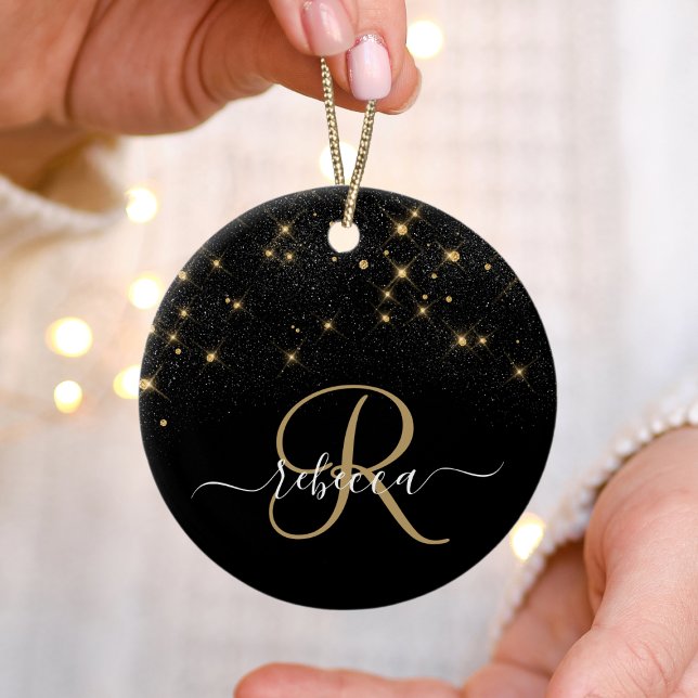 Glam Guld Glitter Diamond Gnistra Elegant Monogram Julgransprydnad Keramik (Skapare uppladdad)