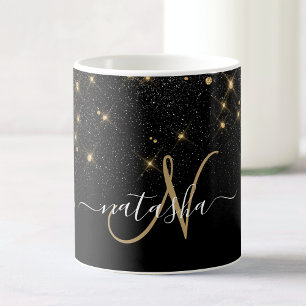 Glam Guld Glitter Diamond Gnistra Elegant Monogram Kaffemugg